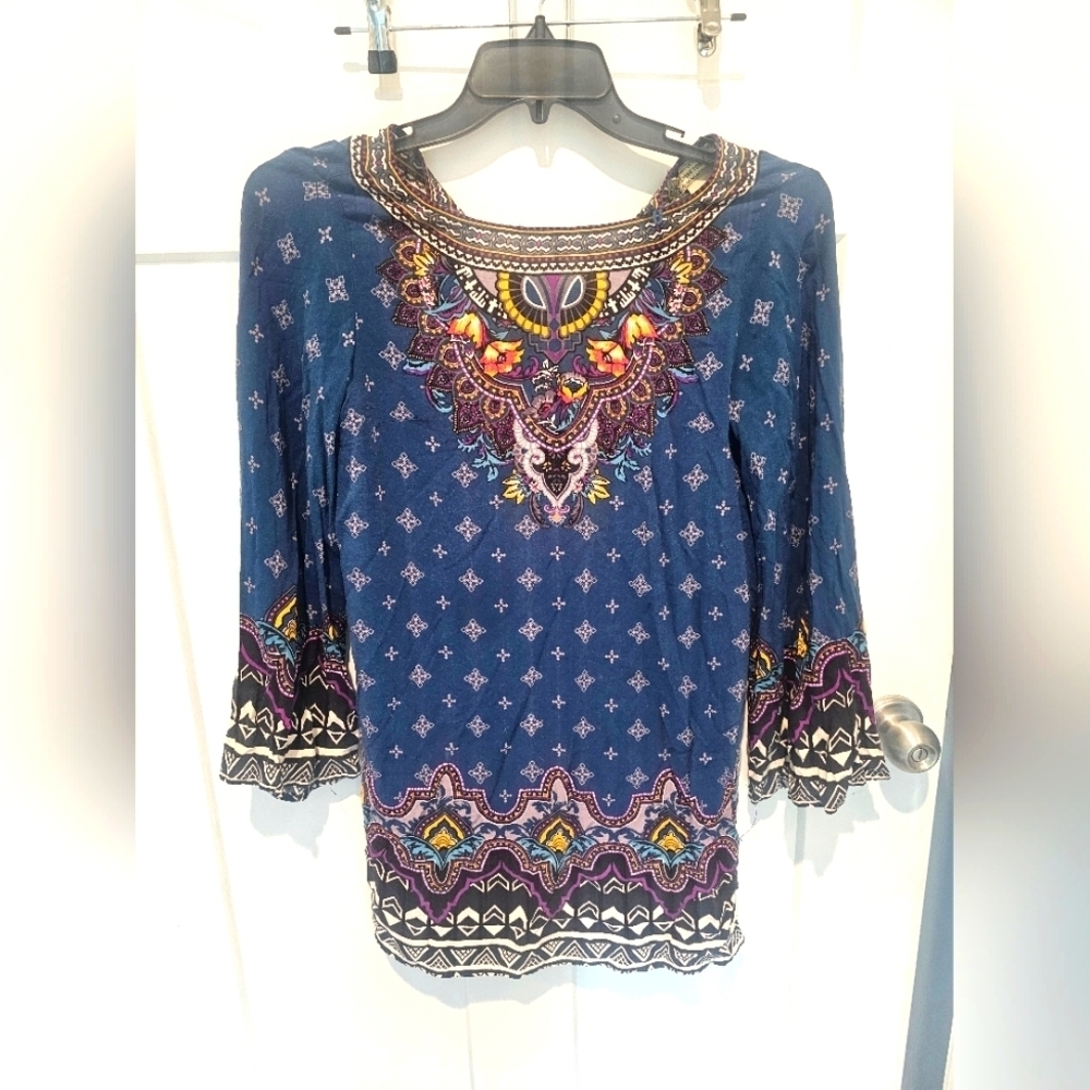 Flying Tomato Boho Mini Dress Small Blue Multicolor Ethnic Print Rayon